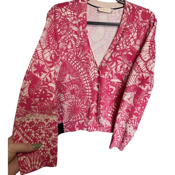 Tory Burch Abstract Print V Neck Button Down Cardigan White And Pink Size Medium - Picture 3 of 12